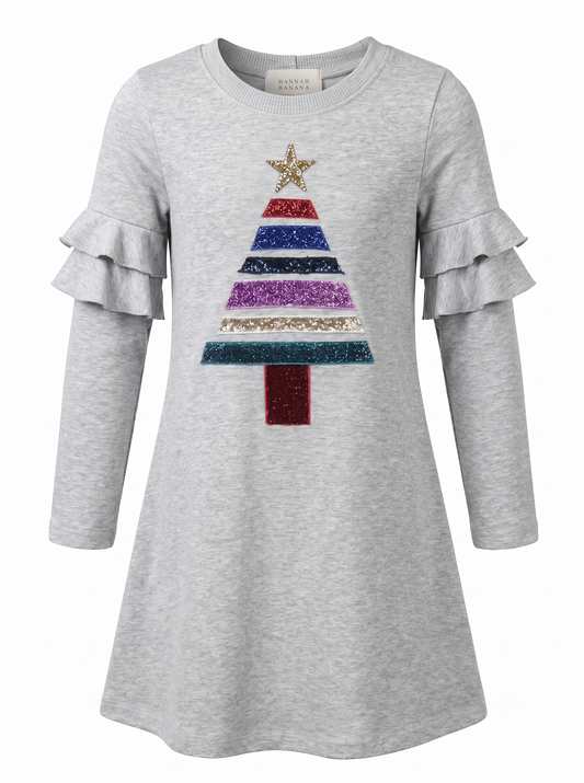 Little Girls Christmas Tree Long Sleeve Dress
