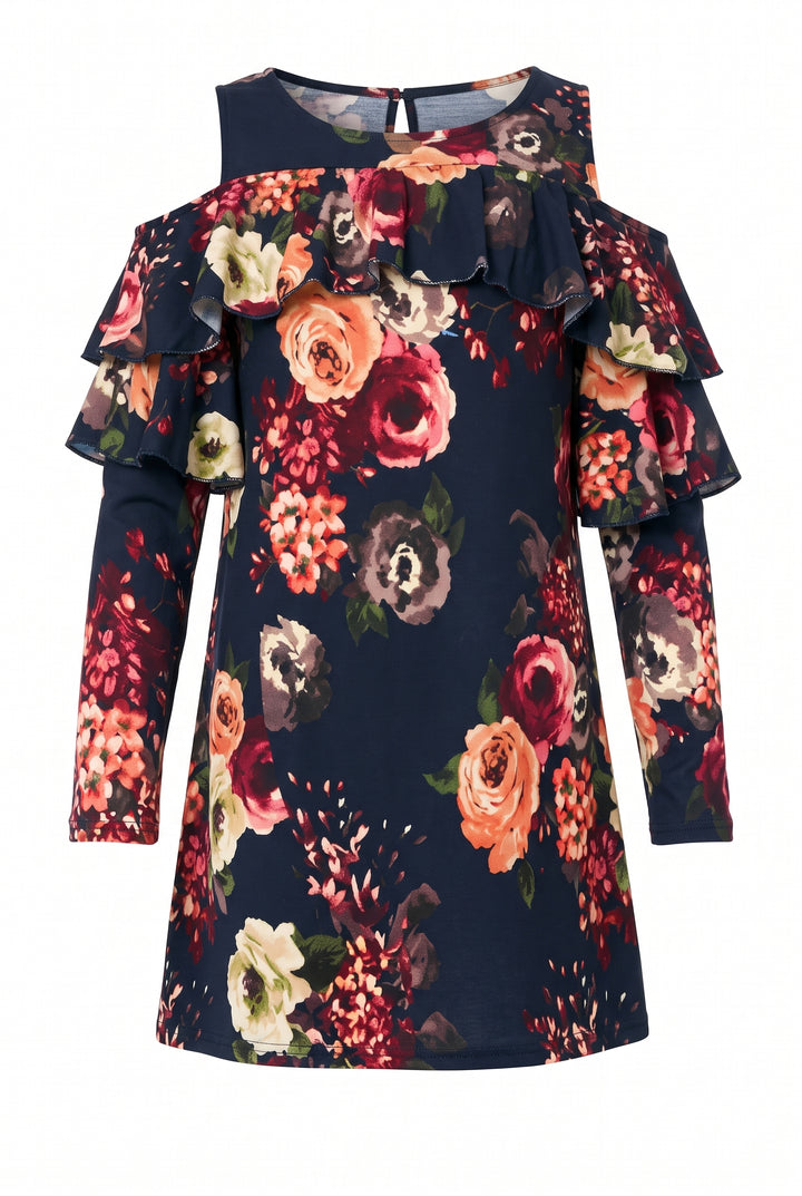 Big Girls Long Sleeve Cold Shoulder Floral Ruffle Dress