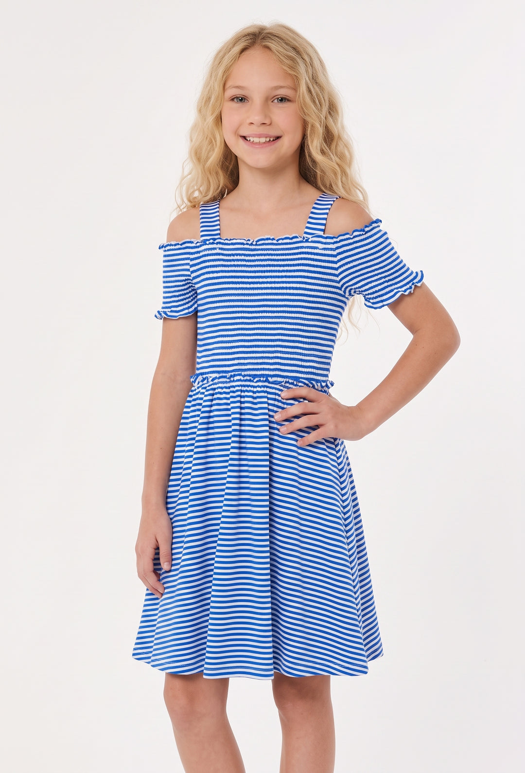 OFF THE SHOULDER STRIPED DRESS
