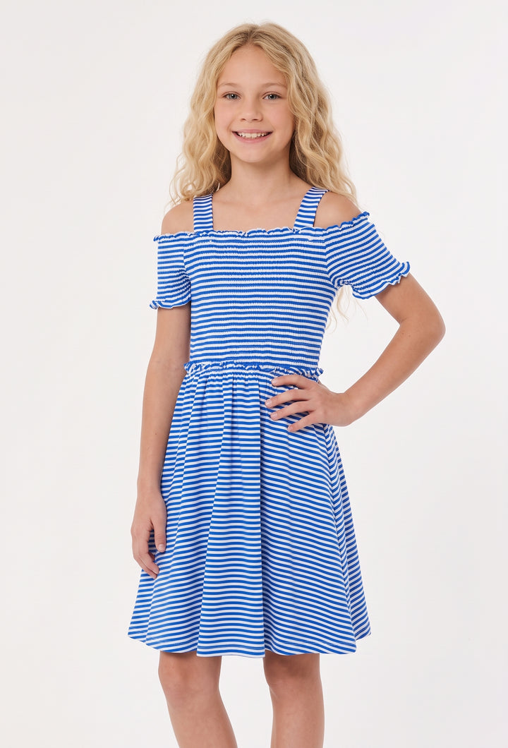 OFF THE SHOULDER STRIPED DRESS