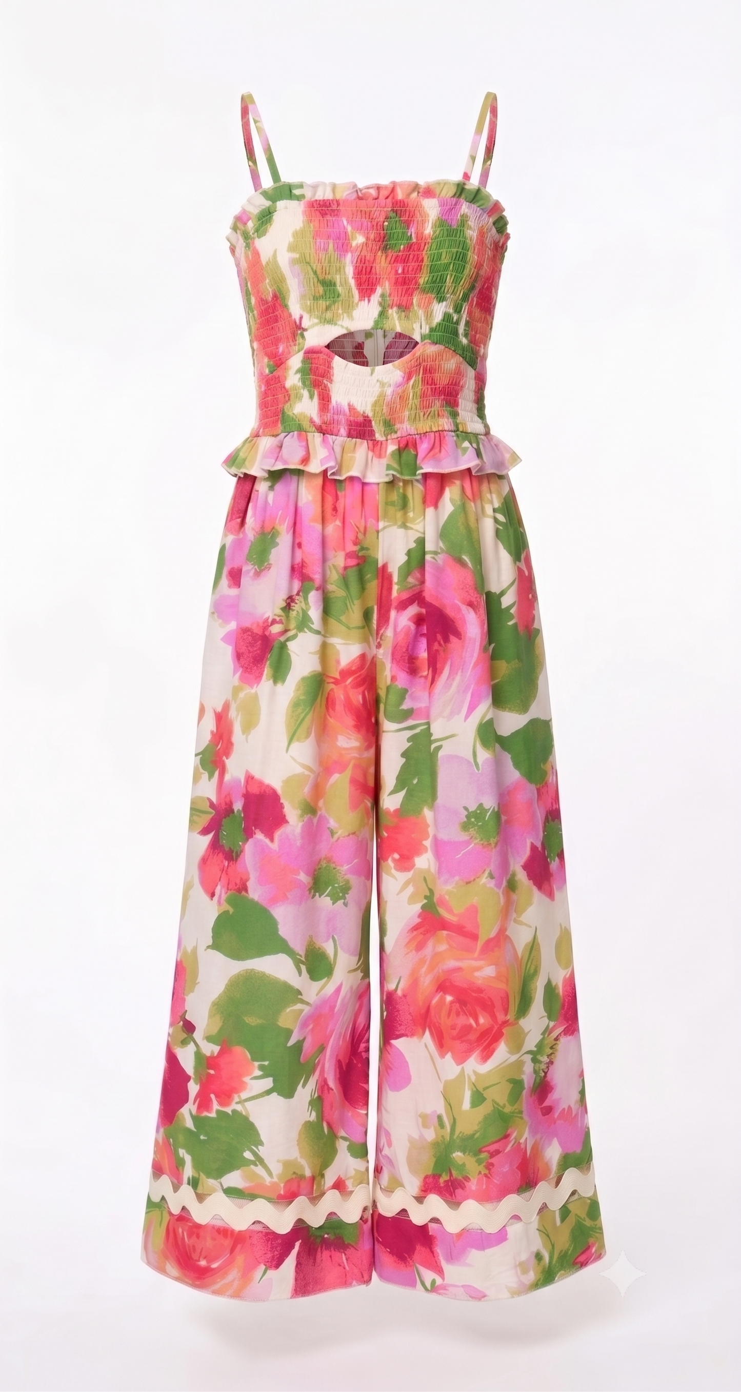 FLORAL PRINT JUMPSUIT WITH RIC RACK TRIM