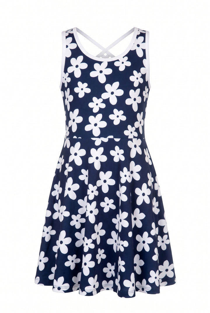 NAVY DRESS WITH WHITE TRIM AND LARGE WHITE DAISIES