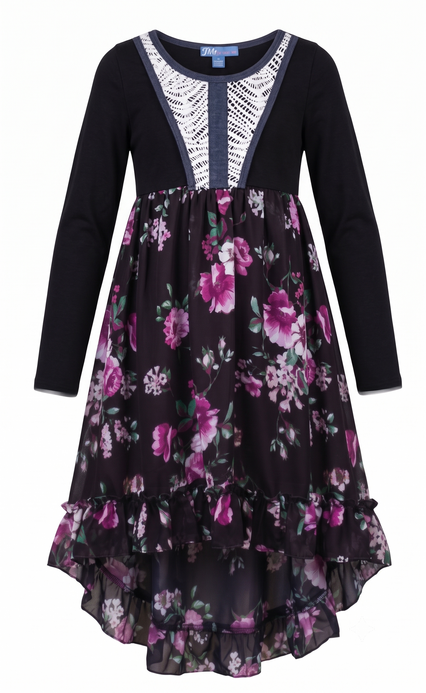 Big Girls Lace Bib Ruffled Floral Hi-Lo Dress