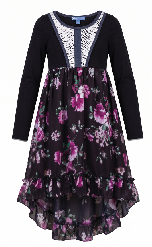 Big Girls Lace Bib Ruffled Floral Hi-Lo Dress