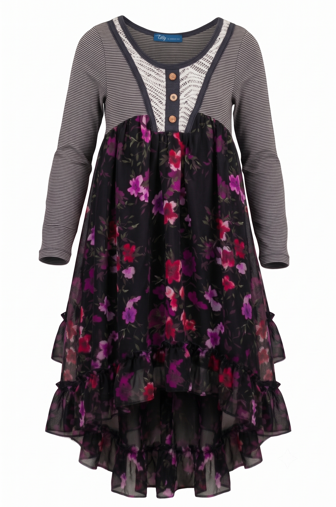 Big Girls Lace Bib Ruffled Floral Hi-Lo Dress