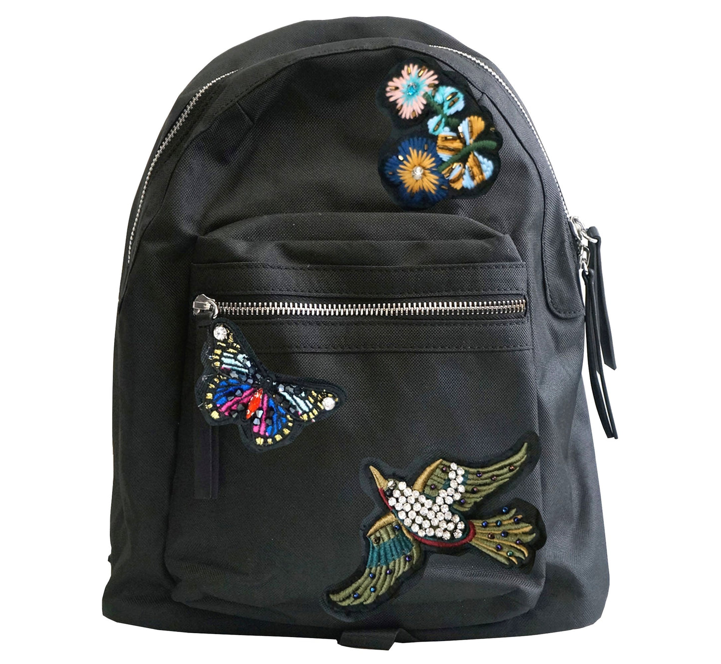 FAUX LEATHER BACKPACK W/ JEWELED PATCHES