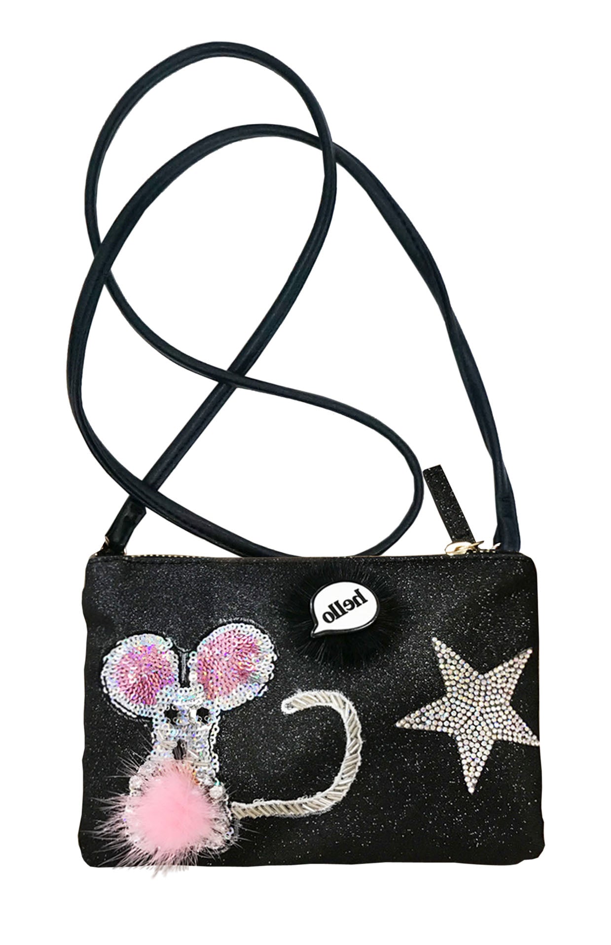 GLITTER PATENT LEATHER CROSS-BODY BAG W/ SEQUIN MOUSE PATCH
