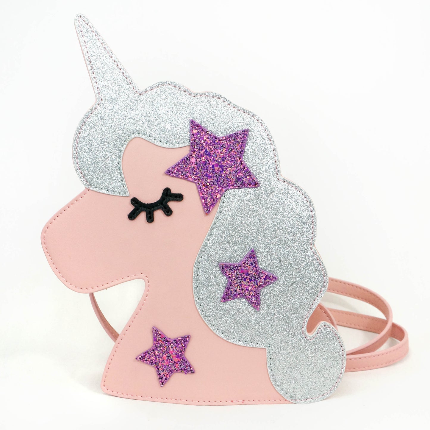 FAUX LEATHER UNICORN CROSSBODY BAG W/ GLITTER STAR PATCHES