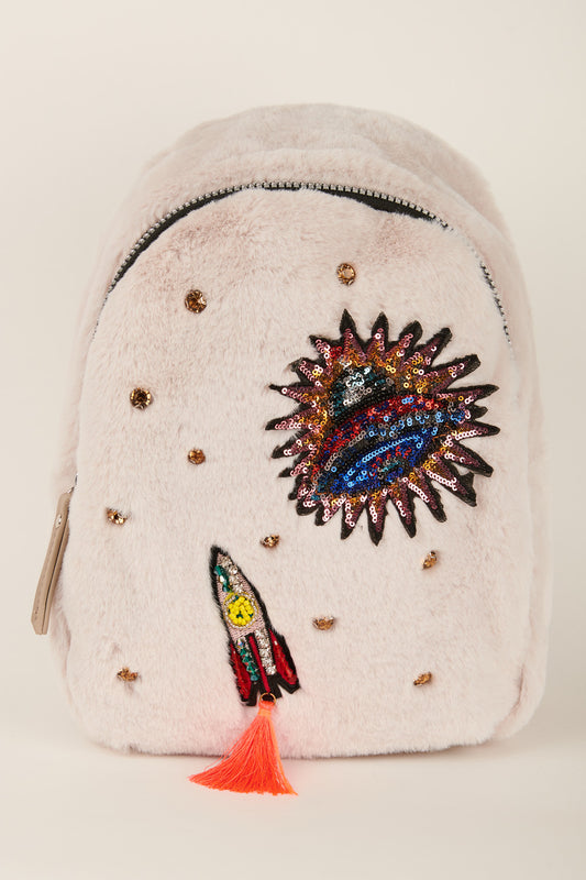 FAUX FUR BACKPACK W/ SPACE THEME PATCHES AND RHINESTONES