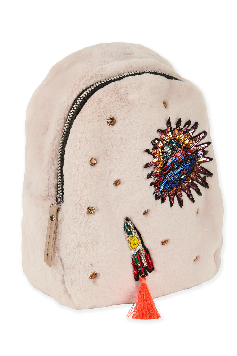 FAUX FUR BACKPACK W/ SPACE THEME PATCHES AND RHINESTONES