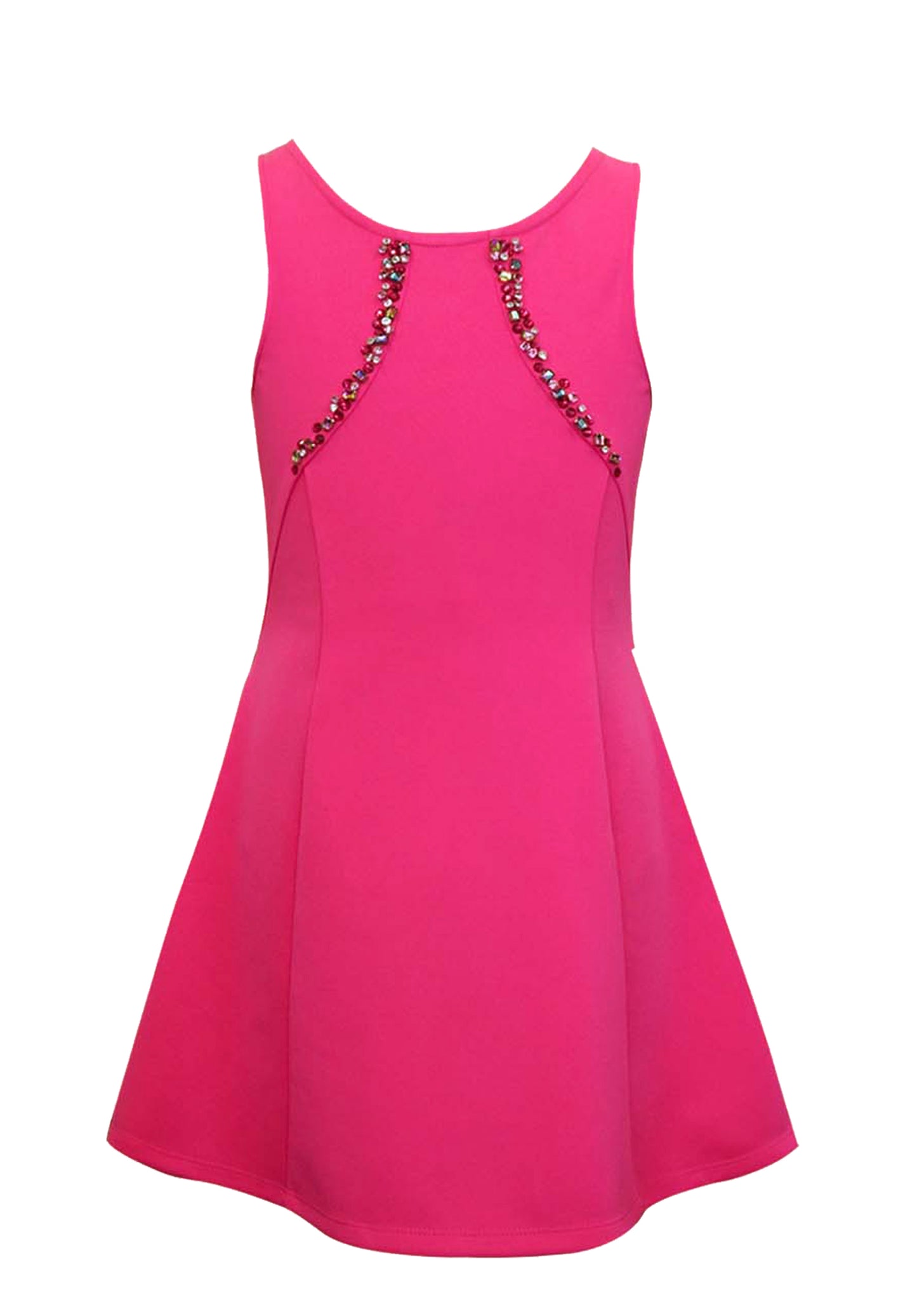 FIT AND FLAIR DRESS W/ PRINCES SEAM AND RHINESTONE DETAIL