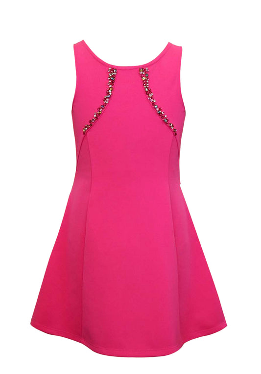 FIT AND FLAIR DRESS W/ PRINCES SEAM AND RHINESTONE DETAIL