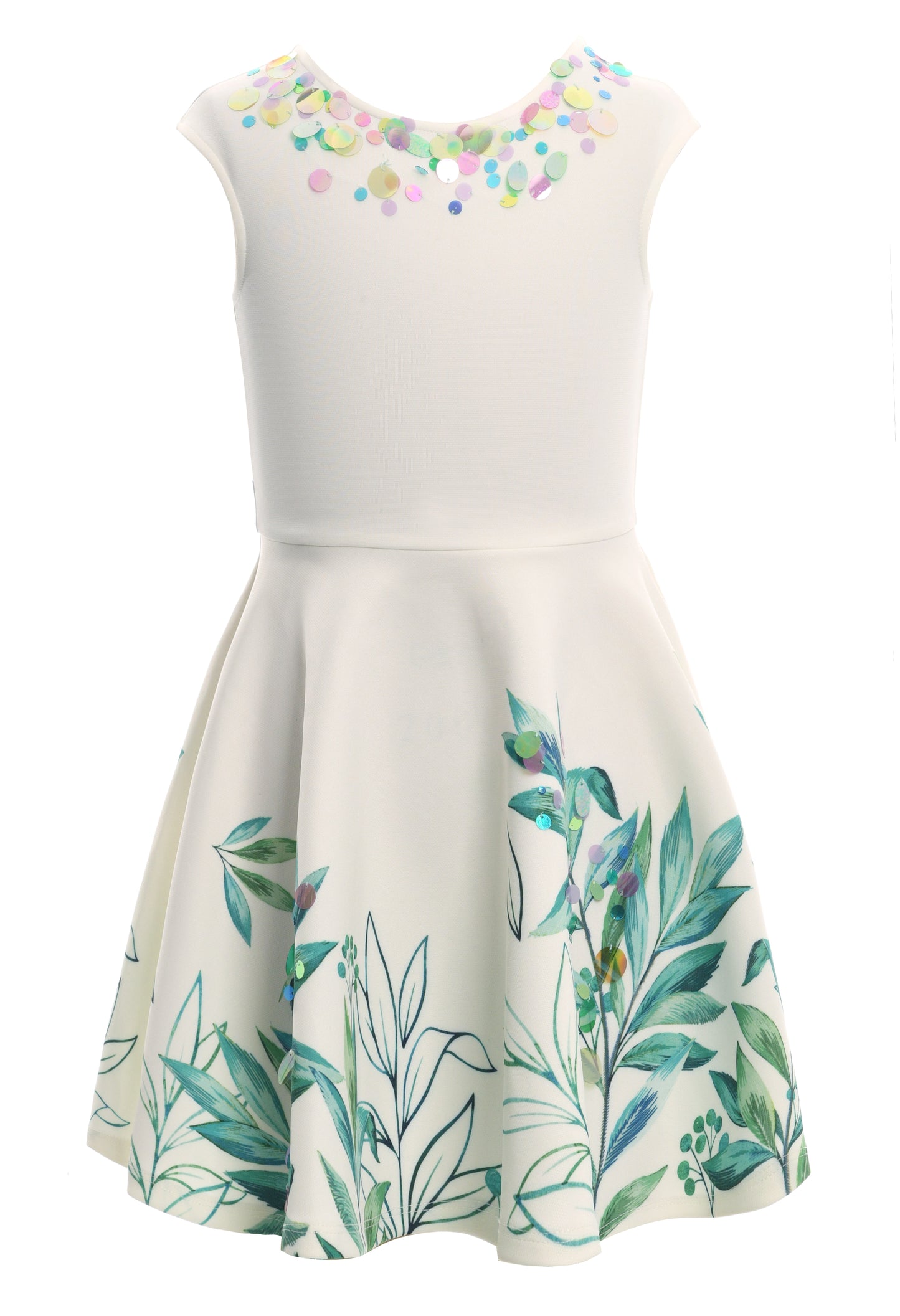 FIT AND FLARE DRESS WITH LEAFY PRINT WITH PAILLETTES