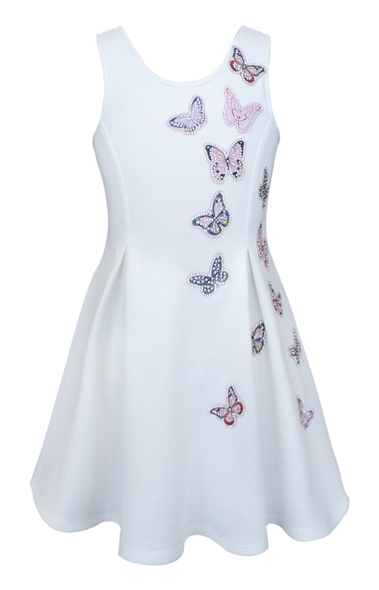 PLEATED DRESS WITH ALL OVER BUTTERFLY APPLIQUE