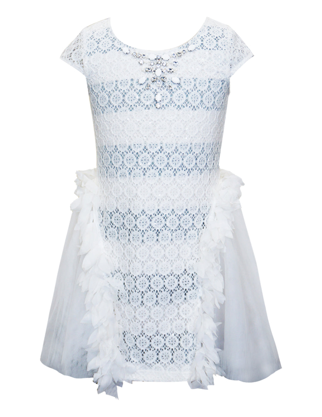 WHITE SLEEVELESS TULLE DRESS WITH RHINESTONES AND SEQUINS