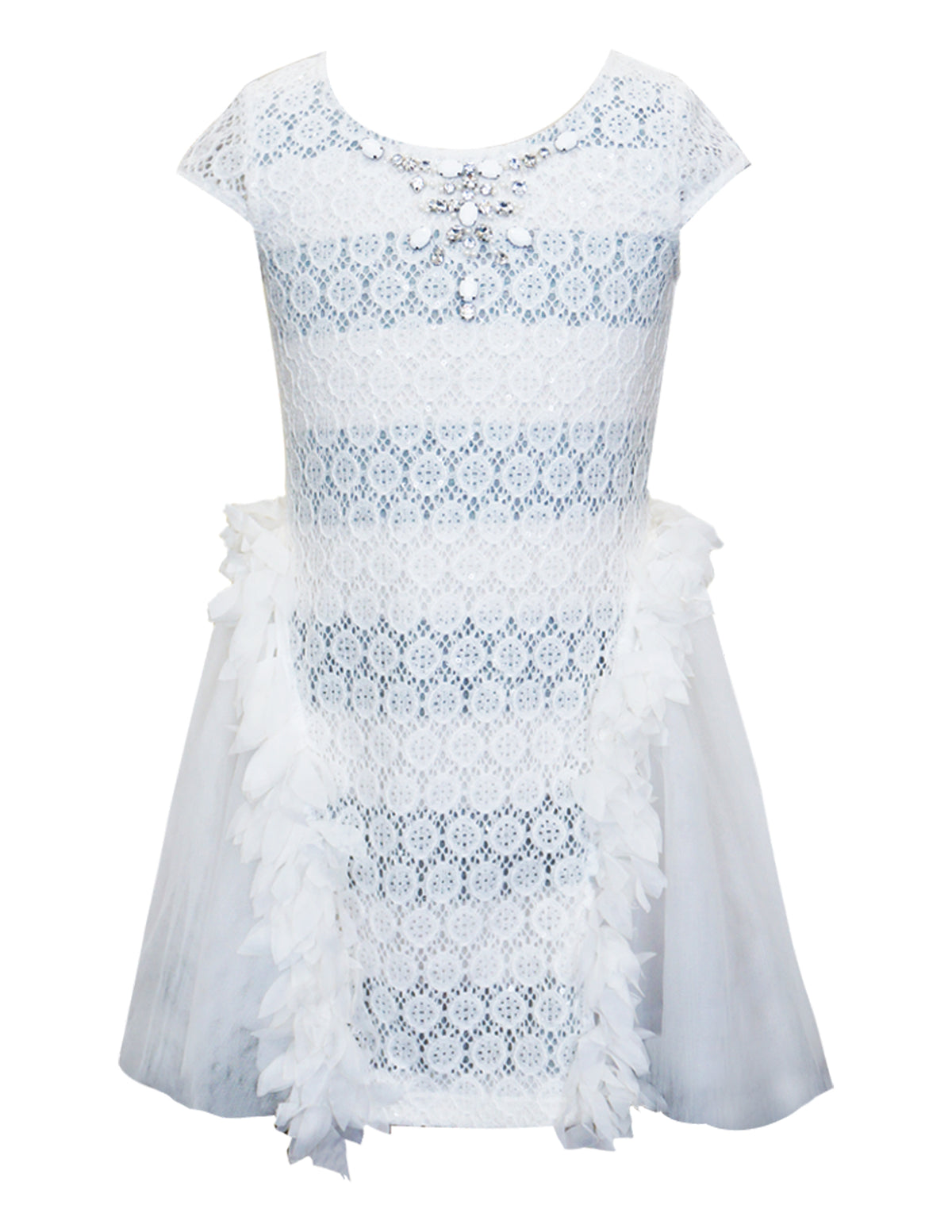 WHITE SLEEVELESS TULLE DRESS WITH RHINESTONES AND SEQUINS