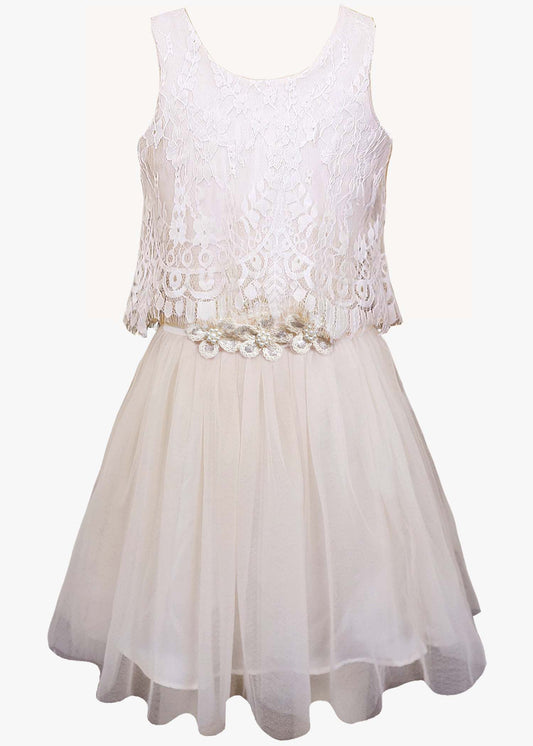 TUTU DRESS WITH LACE TOP OVERLAY AND FLOWER DETAIL AT WAIST RIBBON TIE