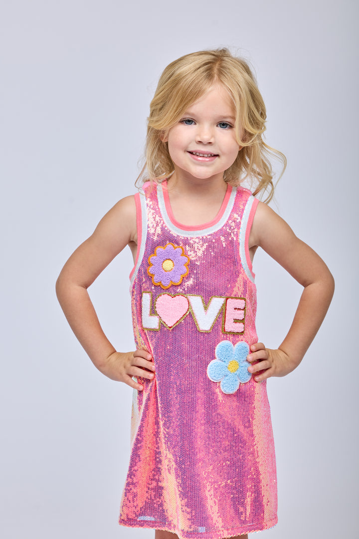A-LINE SEQUIN DRESS W/ LOVE AND FLOWER TRIMS