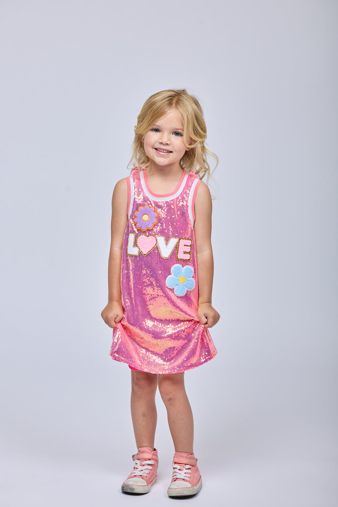 A-LINE SEQUIN DRESS W/ LOVE AND FLOWER TRIMS