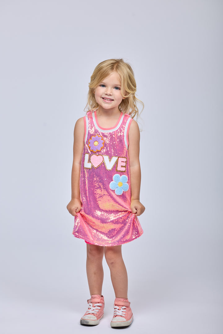 A-LINE SEQUIN DRESS W/ LOVE AND FLOWER TRIMS