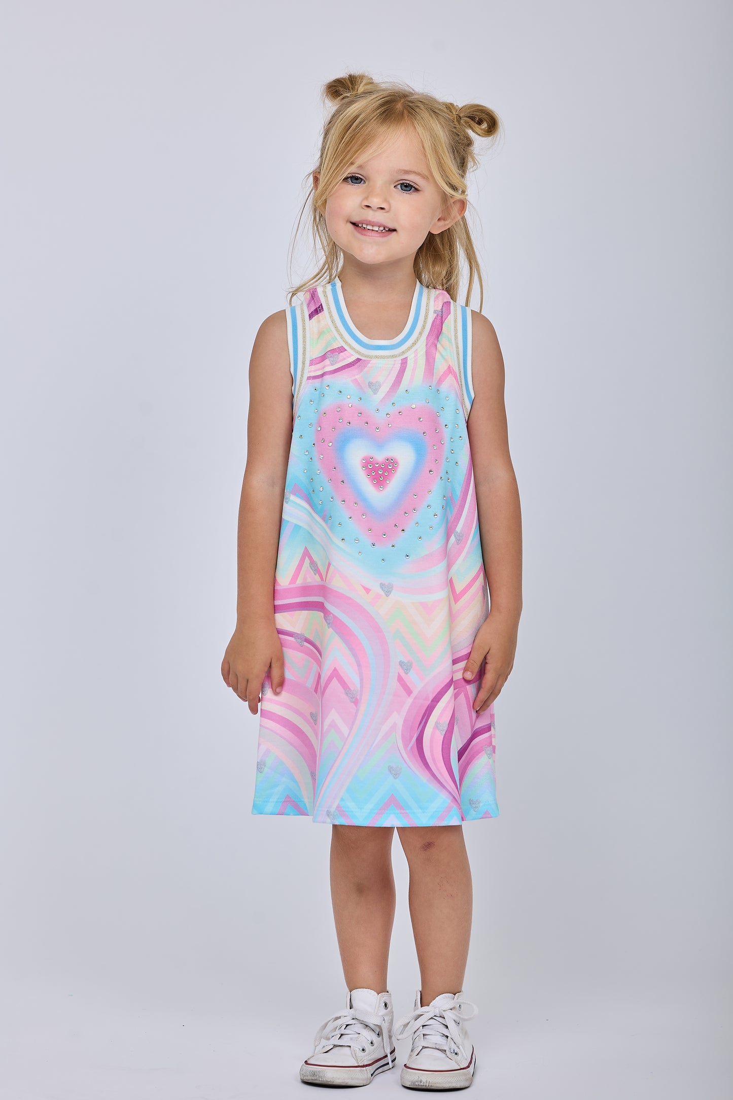 A-LINE HEART PRINT DRESS W/ RHINESTONES