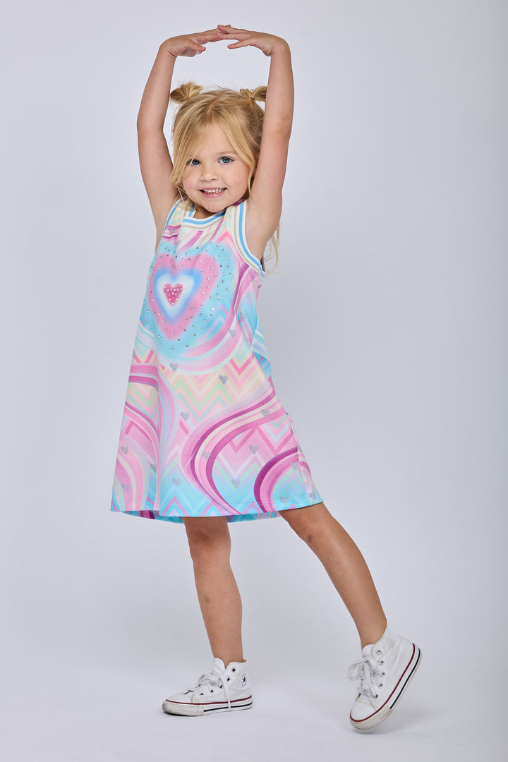 A-LINE HEART PRINT DRESS W/ RHINESTONES