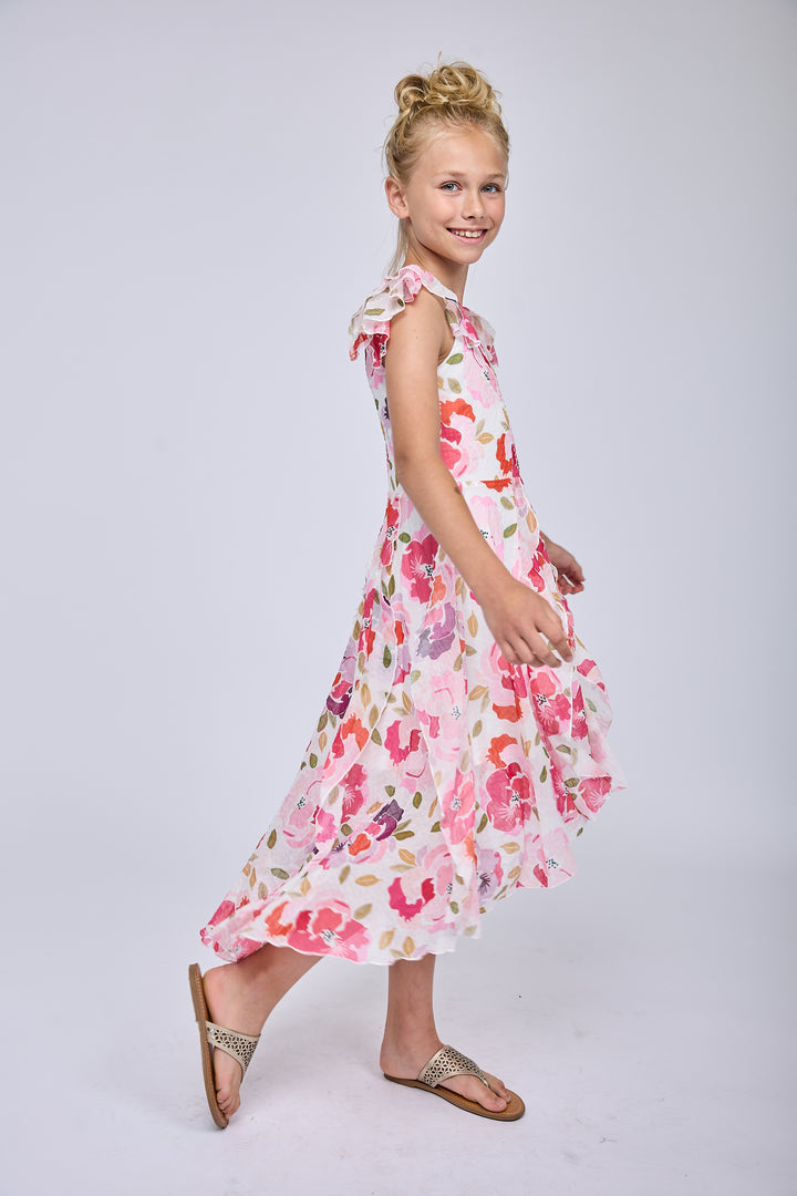 PRINTED MIDI DRESS WITH FLUTTER SLEEVES HIGH LOW HEM AND VERTICAL RUFFLES