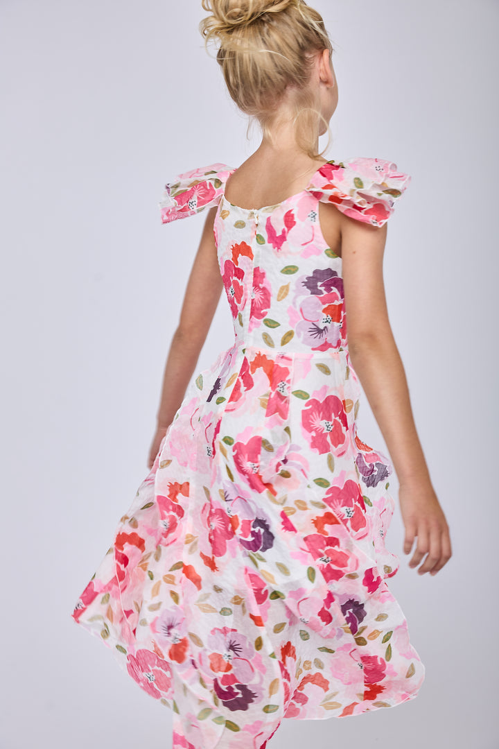 PRINTED MIDI DRESS WITH FLUTTER SLEEVES HIGH LOW HEM AND VERTICAL RUFFLES