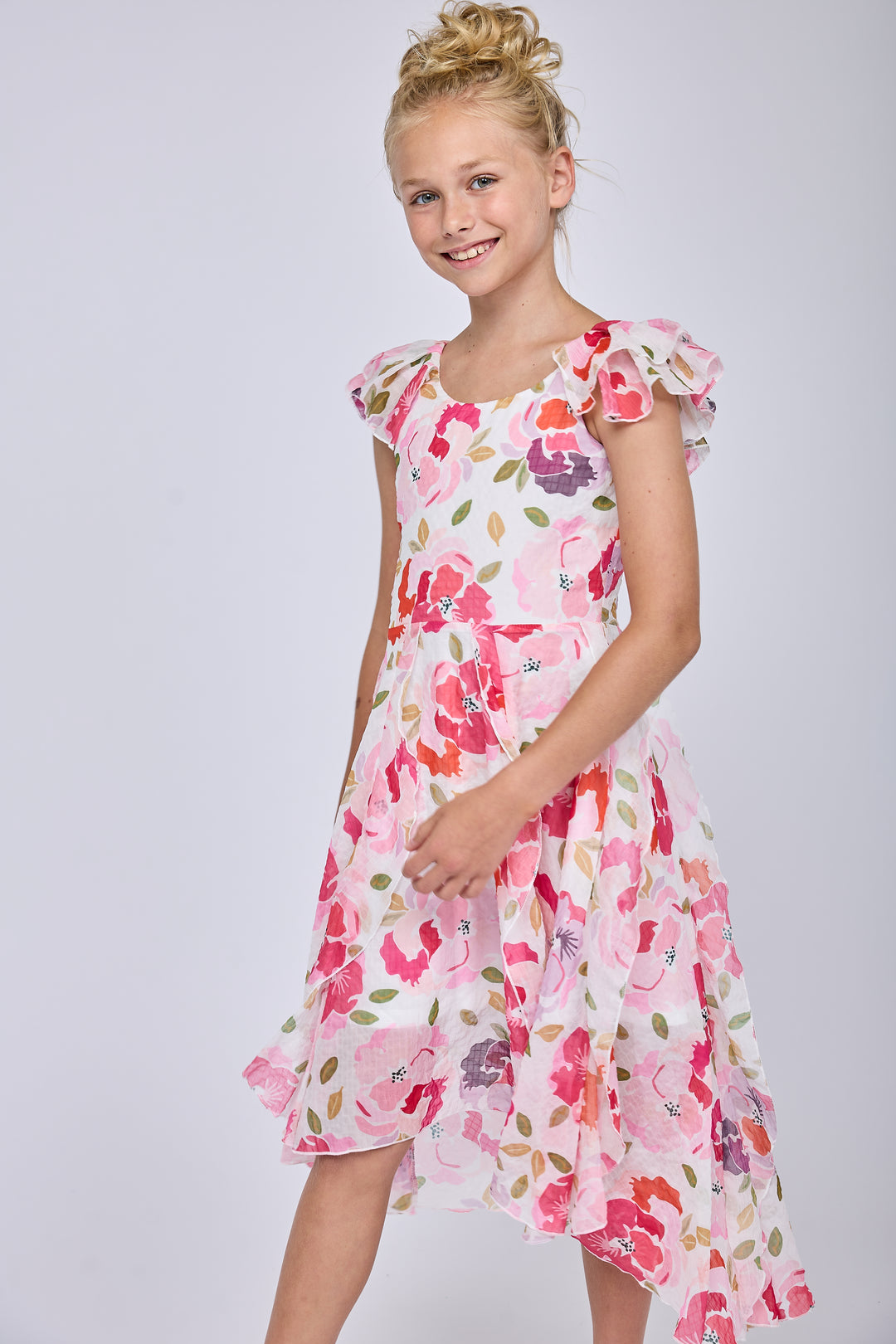 PRINTED MIDI DRESS WITH FLUTTER SLEEVES HIGH LOW HEM AND VERTICAL RUFFLES