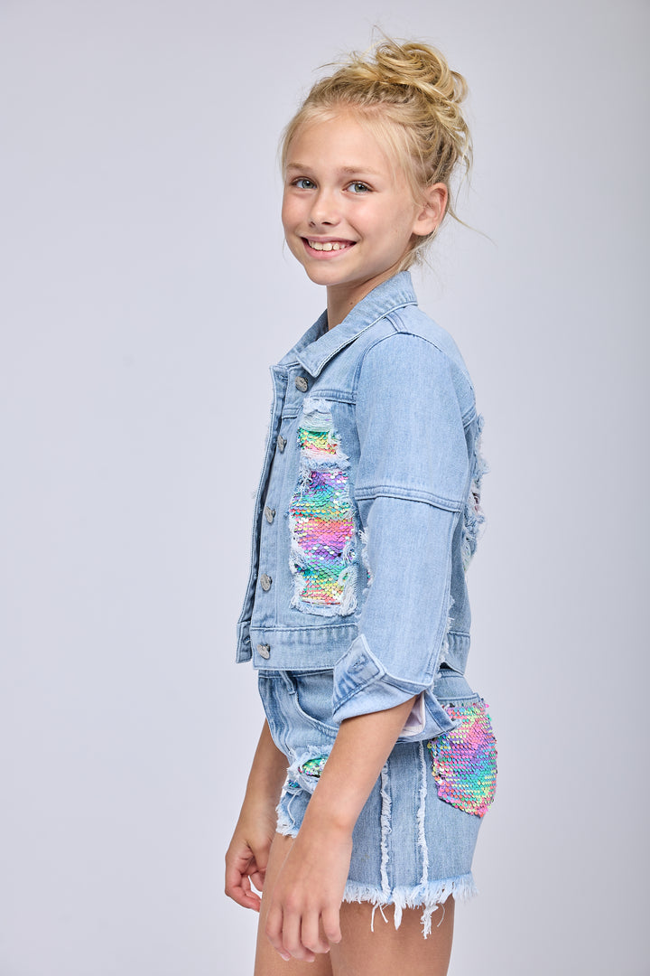 DENIM JACKET W/ SEQUIN DISTRESS