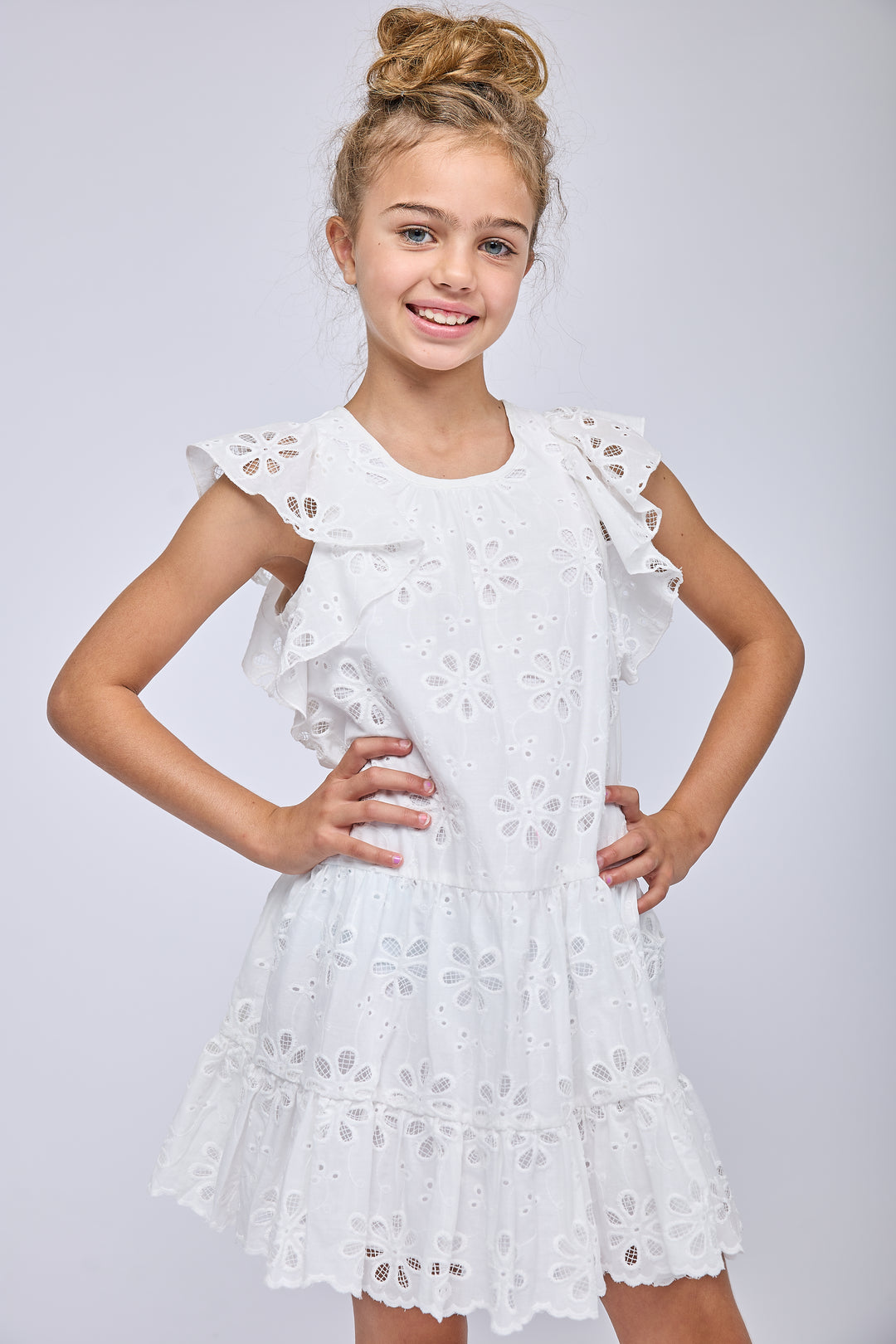 TIERED EYELET DRESS WITH FLUTTER SLEEVES