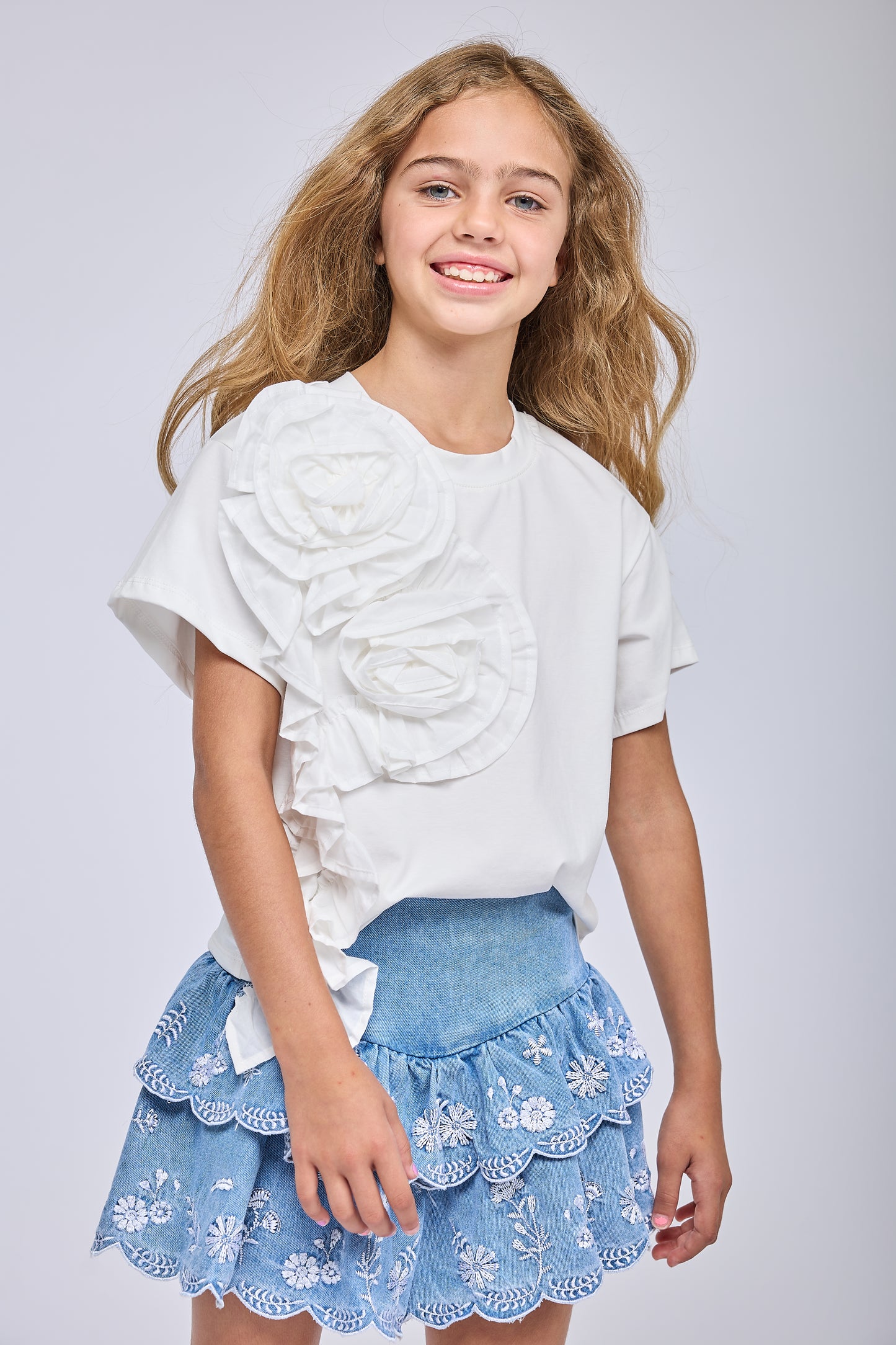 Little l Big l Tween Girls Ruffle Rosette Statement T-Shirt