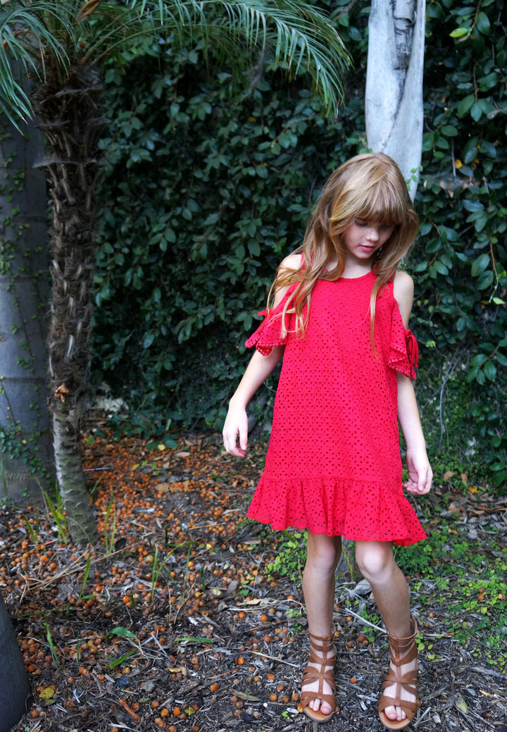 COLD SHOULDER A-LINE EYELET  DRESS