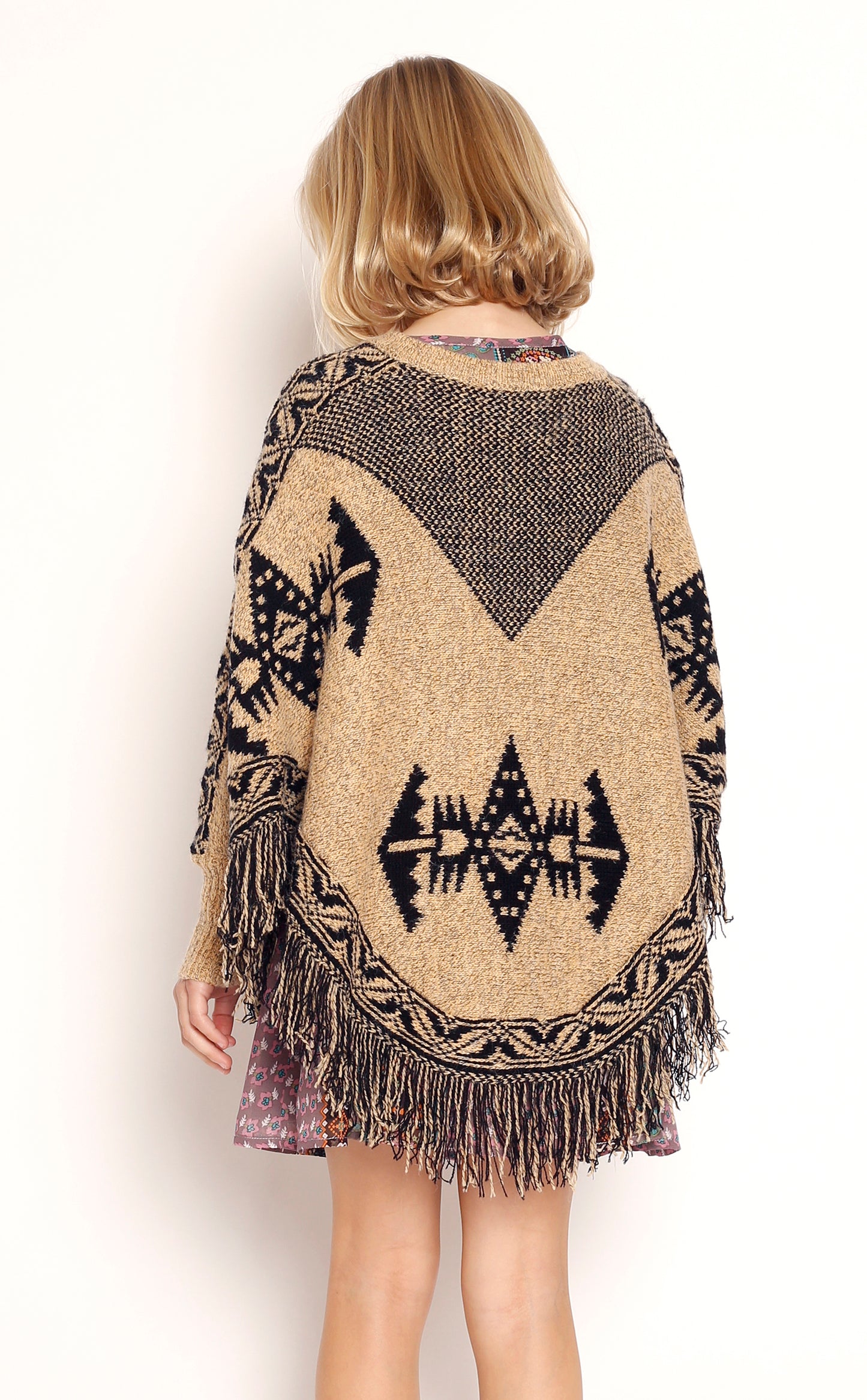SWEATER PONCHO WITH NAVAJO PRINT AND MULTI COLOR FRINGE HEM