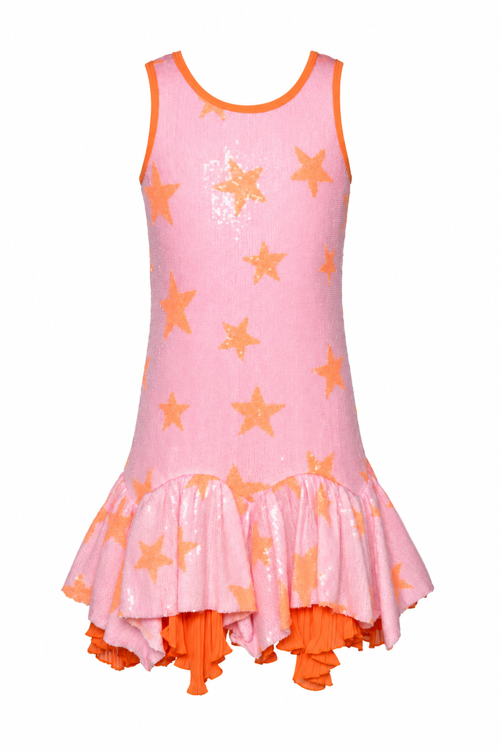 SEQUINED DRESS WITH ARCHED RUFFLES AT HEM