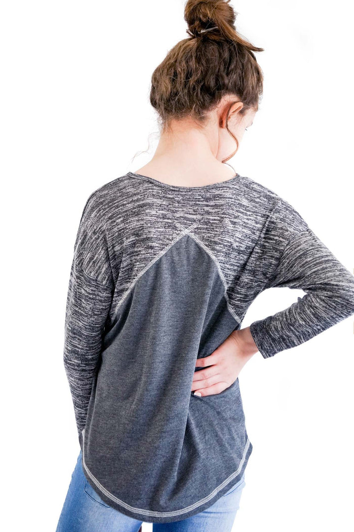 Little Girl’s Heather Printed Baseball Curved Hem Top