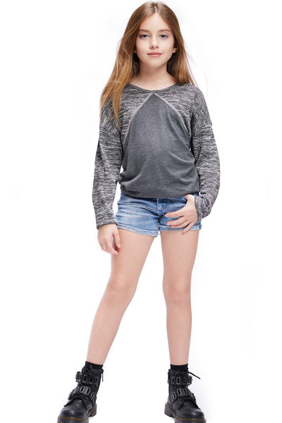 Little Girl’s Heather Printed Baseball Curved Hem Top