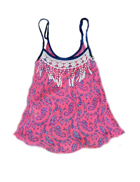 CHIFFON PRINTED CAMI WITH CRISS CROSS BACK AND FRONT TRIM