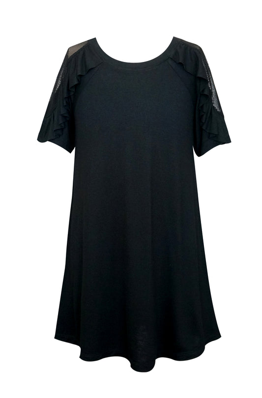 TRAPEZE DRESS W/ MESH SLEEVE INSERT AND RUFFLE DETAIL