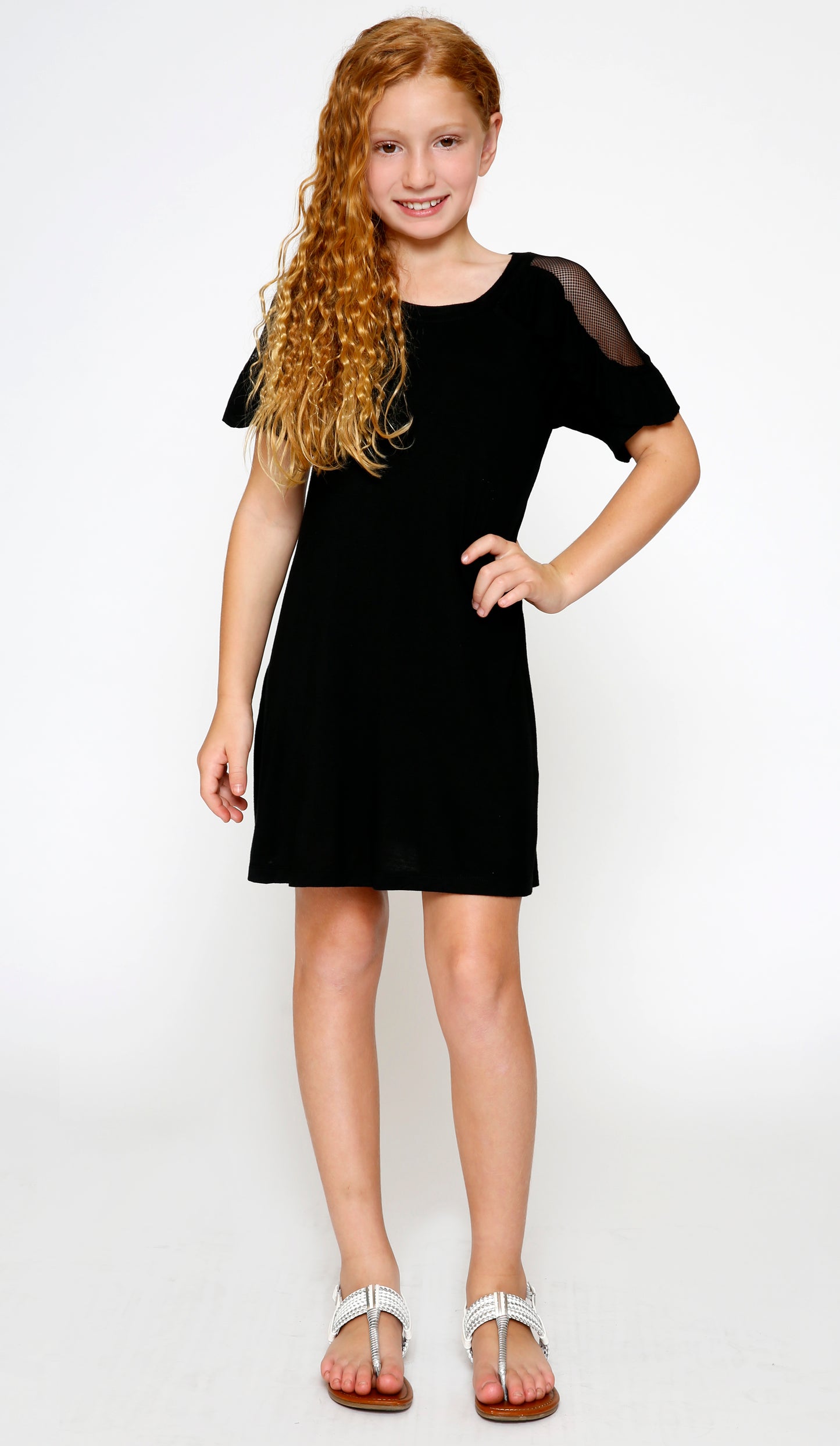 TRAPEZE DRESS W/ MESH SLEEVE INSERT AND RUFFLE DETAIL