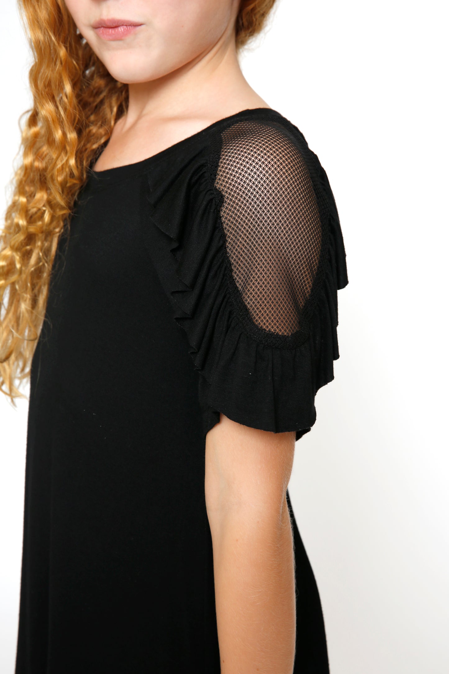 TRAPEZE DRESS W/ MESH SLEEVE INSERT AND RUFFLE DETAIL