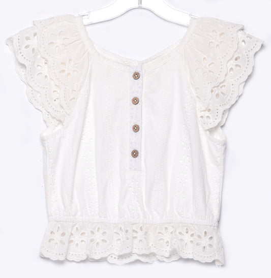 RUFFLE EYELET TOP WITH FRONT PLACKET