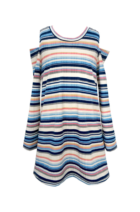 COLD SHOULDER LONG SLEEVE KNIT DRESS WITH ROUND NECK