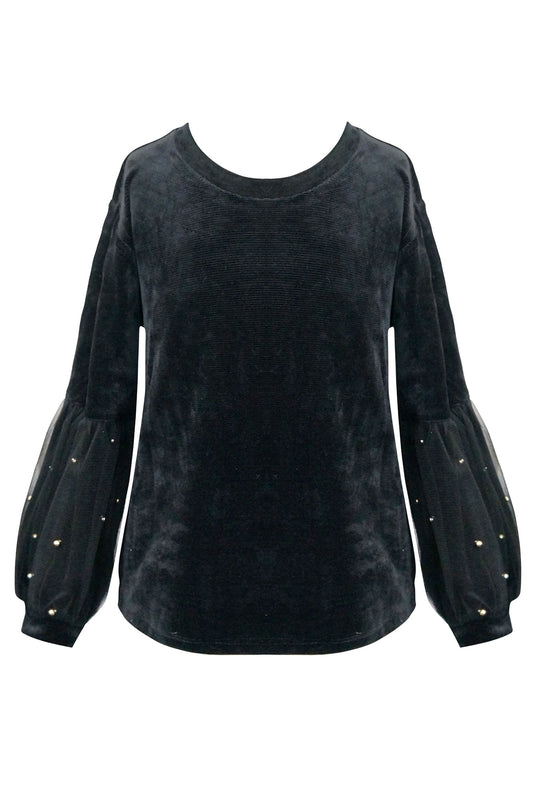 FAUX CORDUROY TUNIC PEARL MESH SLEEVE OVERLAY