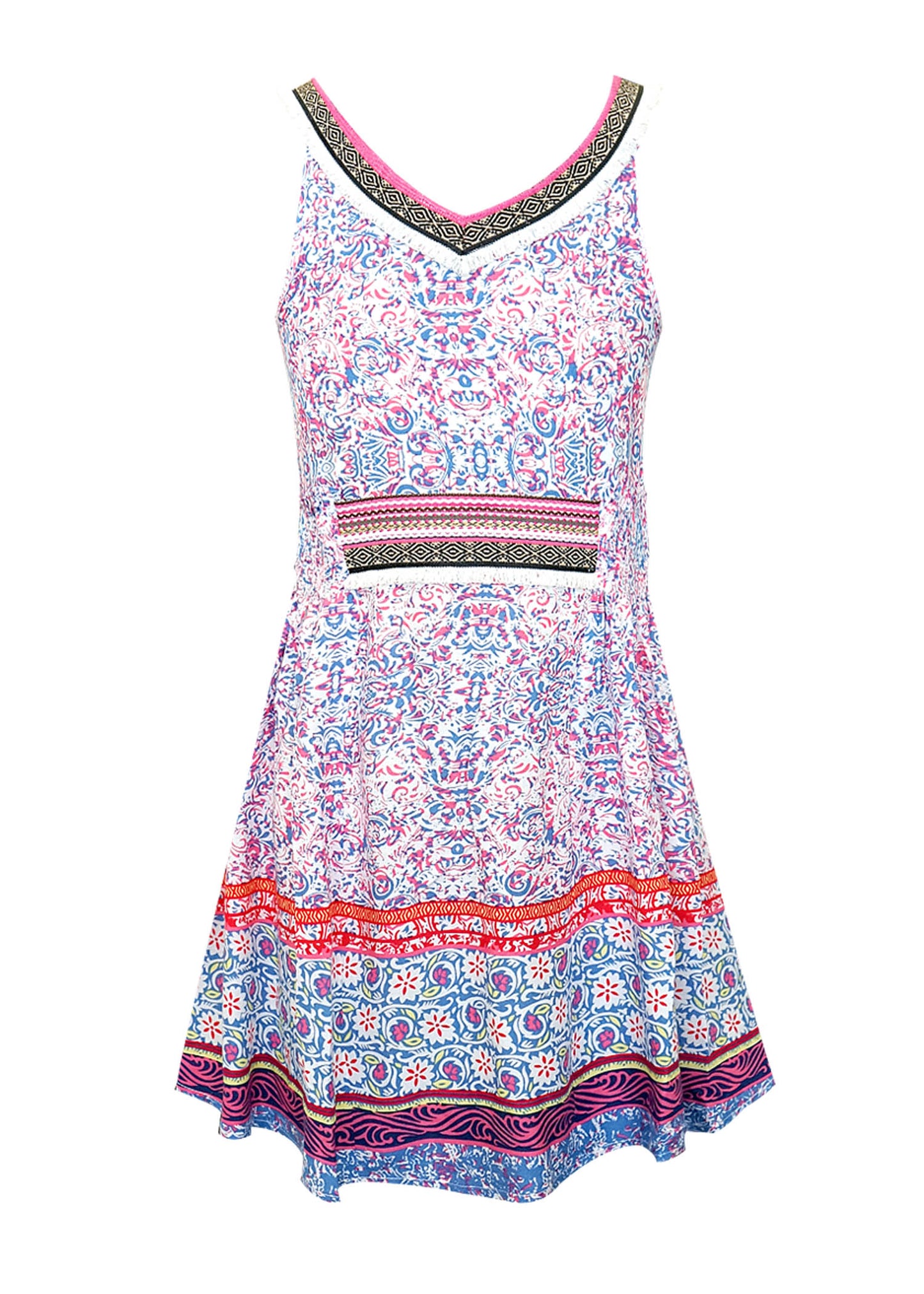 SMOCKED WAIST DRESS WITH FRINGE NECK TRIM AND WAIST TRIM
