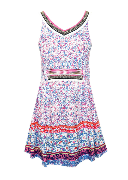 SMOCKED WAIST DRESS WITH FRINGE NECK TRIM AND WAIST TRIM