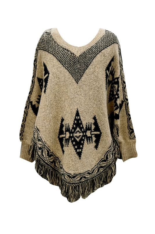 SWEATER PONCHO WITH NAVAJO PRINT AND MULTI COLOR FRINGE HEM