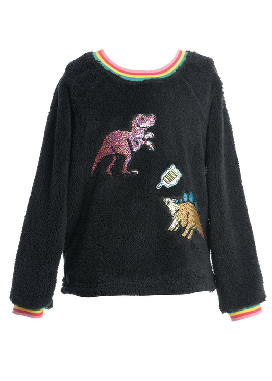 SHERPA LONG SLEEVE TOP W/ DINOSAUR PATCHES