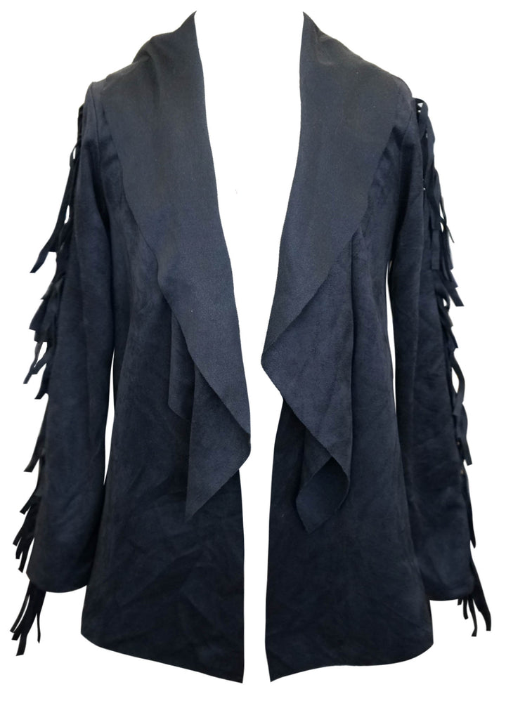 FAUX SUEDE FRINGE CARDIGAN