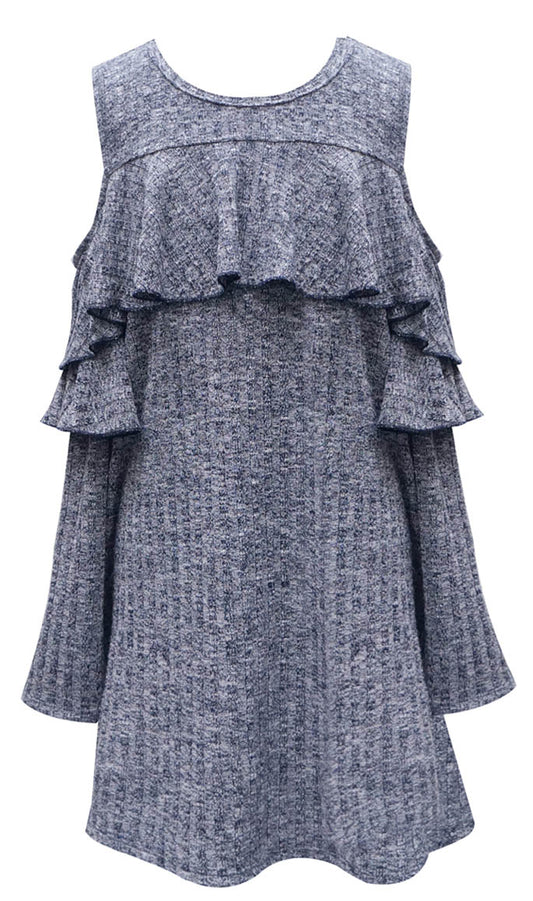COLD SHOULDER RUFFLE SHIFT SWEATER DRESS